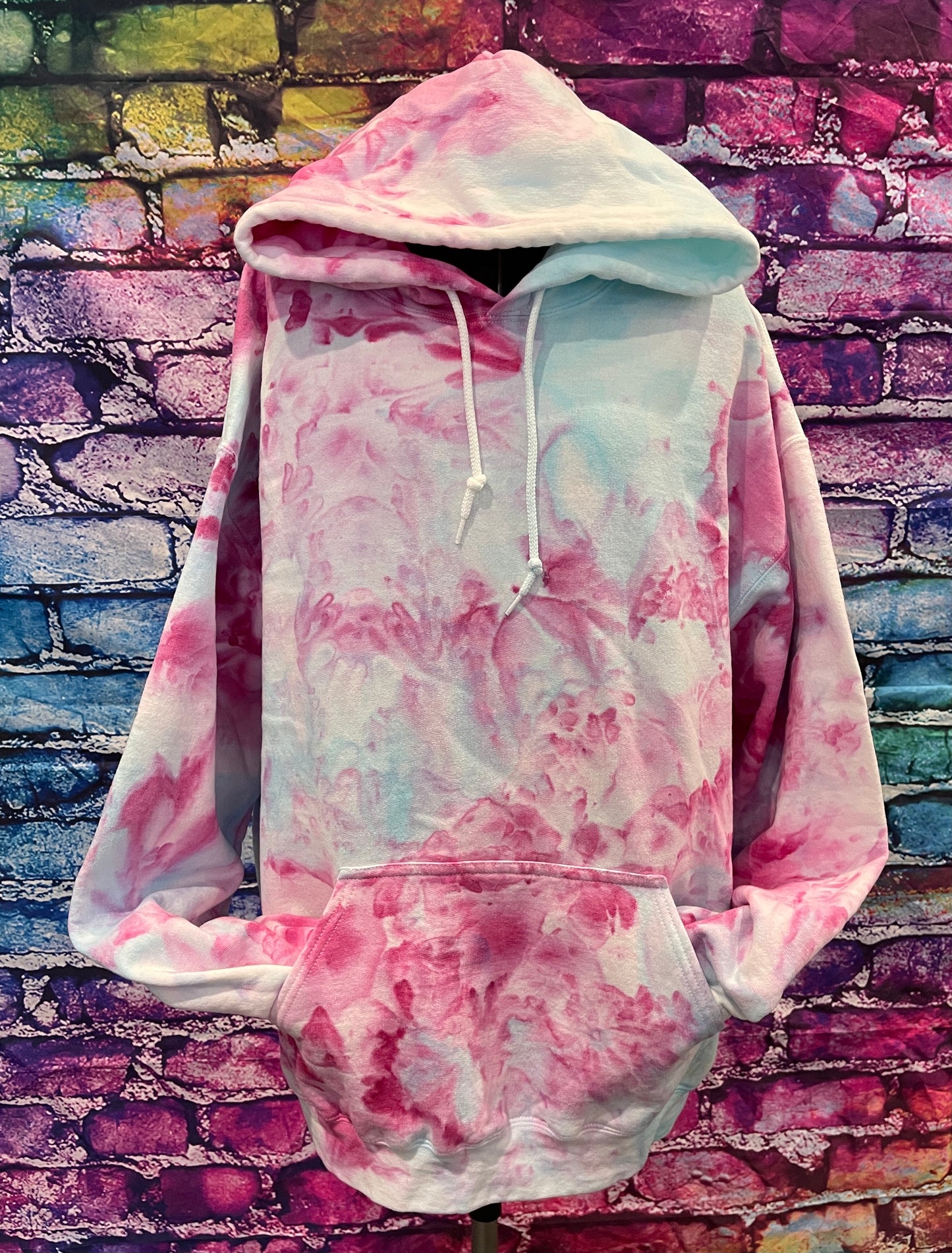 Tie-Dyed Baby Blue And Pink / Magenta Hoodie | Unisex Large Hooded Sweatshirt / Tie Dye Pullover